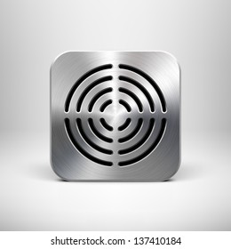 Technology app icon (button) template with metal texture (chrome, silver, steel), realistic shadow and light background for user interfaces (UI), applications (apps) and business presentations.