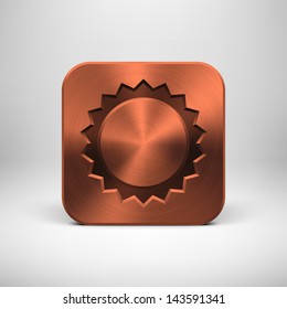 Technology app icon (button) template with sun symbol, bronze metal texture (chrome, silver, steel, copper), shadow and light background for user interfaces (UI), applications (apps) and presentations