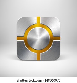 Technology app icon (button) template with metal texture (chrome, silver, steel), realistic shadow and light background for user interfaces (UI), applications (apps) and business presentations.