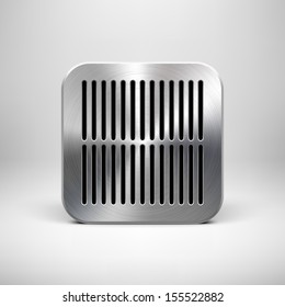 Technology app icon (button) template with perforated speaker grill metal (steel, silver, chrome) texture, realistic shadow and light background for interfaces (UI) and applications (apps). Vector.