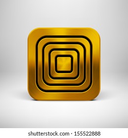 Technology app icon (button) template with perforated speaker grill gold metal (bronze, chrome) texture, realistic shadow and light background for interfaces (UI) and applications (apps). Vector.