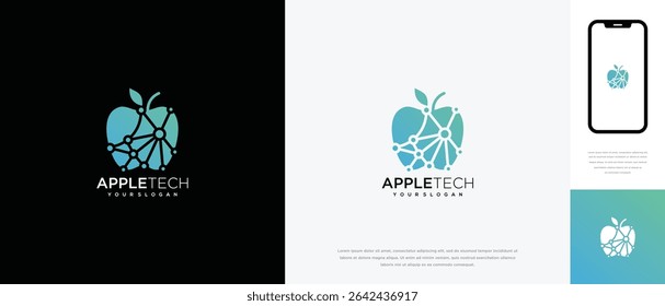 Technology apple fruit connection logo design. Technology apple fruit connection logo template. Technology logo symbol icon	