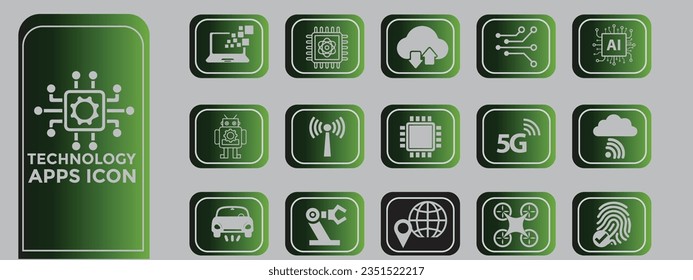 Technology apps gradient icon set. Containing 5g,Ai, robotics,  biometric, geolocation, cloud computing and automation icon. Solid dark green gradient icon collection.