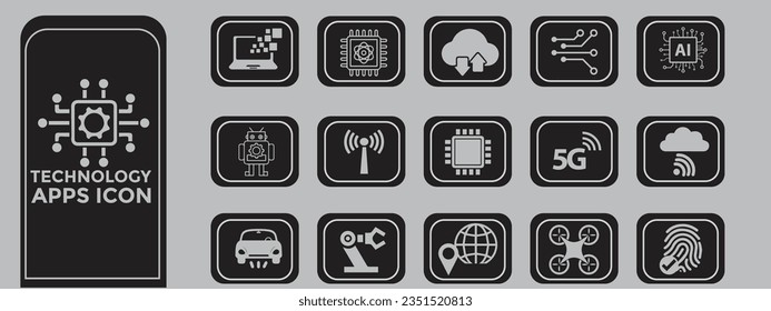 Technology apps  icon set. Containing 5g, Ai, biometric, geolocation, cloud computing and automation icon. Solid black and white icon collection.
