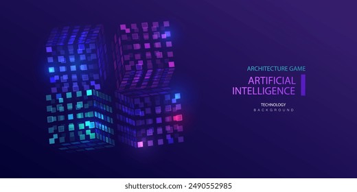 Technology architecture game ai  banner. Geomoetric big data neon building background. Artificial Intelligence innovation futuristic cityspace vector design.	
