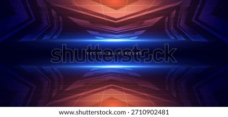 Technology arrow orange glowing with grid decor and blue lighting effect on dark background. Futuristic technology background. Vector illustration