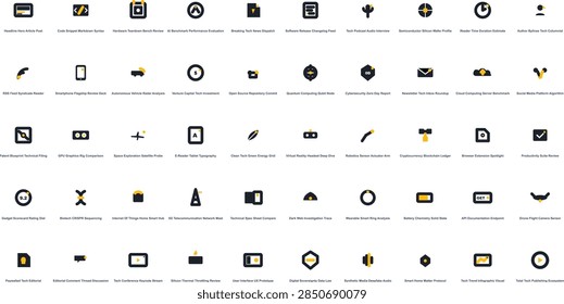 Technology article icon set. Containing blog, news, digital media, content, publication, tech news, article, document, feed and more. Solid vector icons collection.