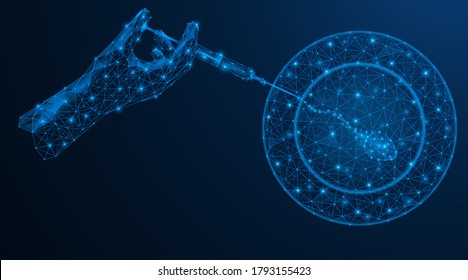 Technology of artificial insemination. Implantation of an embryo into a female egg. Polygonal design of a human hand with a syringe. Blue background
