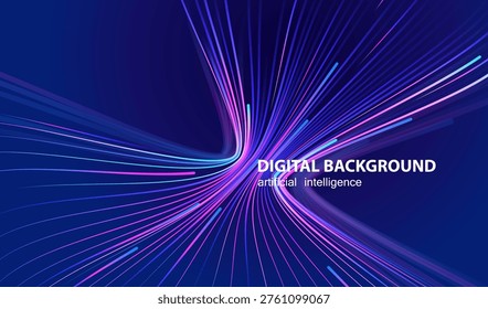 Technology Artificial Intelligence banner with perspective lines. Ai big data stream lines waves on blue background. Futuristic network connect vector fast blurred design.
