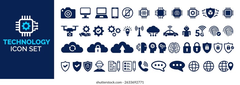 technology, artificial intelligence, communication, security, digital devices, cloud, computer, cybersecurity, cyber security, AI, icon set or bundle collection. technology  bundle, technology icon