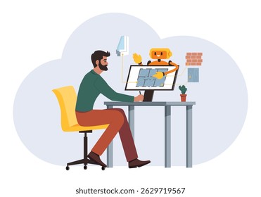 Technology and artificial intelligence concept. AI robot assistant helps man design a house and choose high-quality building materials. Flat vector illustration.