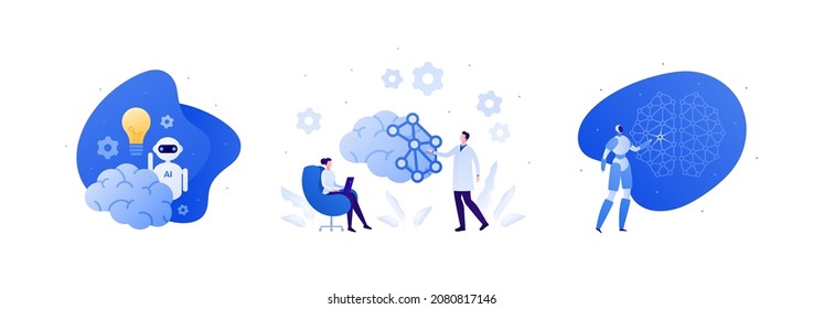 Technology and artificial intelligence concept. Vector flat illustration set. Robot, woman and scientist character isolated on white. Brain, lightbulb idea symbol. Design for machine education.