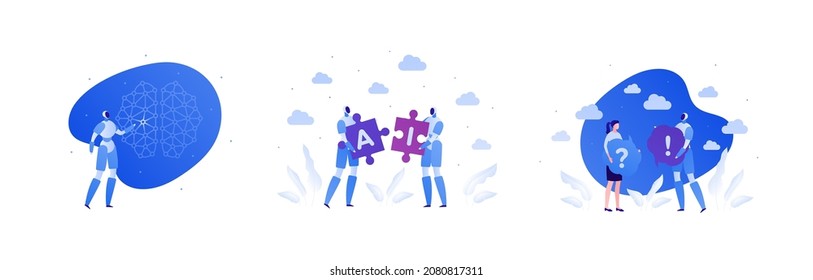 Technology and artificial intelligence concept. Vector flat illustration set. Robot and woman character isolated on white. Brain, exclamation and question mark symbol. Design for machine education.