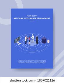 technology artificial intelligence development people standing front robot for template flyer and print banner cover isometric 3d flat style