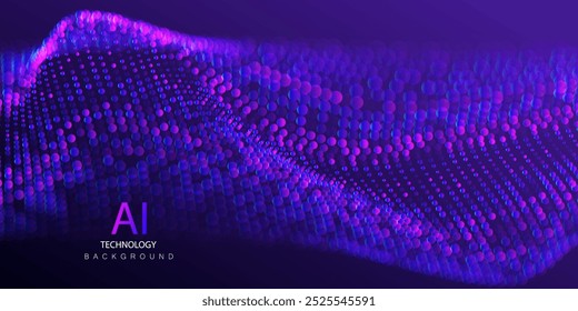 Tecnologia Inteligência Artificial banner de partículas. Pontos poeira ai ondas de grandes dados neon azul e roxo fundo. Design de conexão de som de frequência futurista.