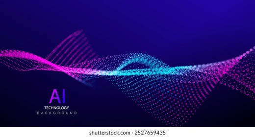 Technologie Künstliche Intelligenz Partikel Banner. Dots Staub Luft Big Data Wellen Neon blau und violetten Hintergrund. Futuristisches Splash Connect Design.