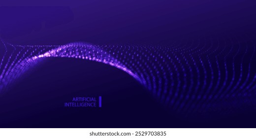 Tecnologia Inteligência Artificial banner de partículas. Pontos poeira ai ondas de grandes dados neon azul e roxo fundo. Design de conexão de splash futurista.