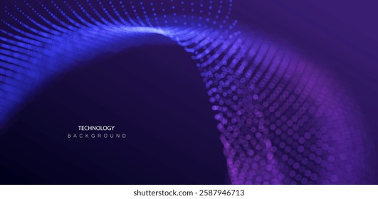 Technology Artificial Intelligence particles banner. Dots dust ai big data stream waves neon green and purple background. Futuristic network connect vector blurred design.