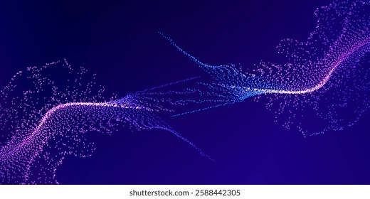 Technology Artificial Intelligence particles banner. Big ai data stream waves neon purple and blue background. Futuristic network connect vector blurred design.