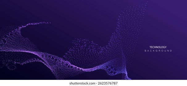Technology Artificial Intelligence particles banner. Big ai data stream waves neon purple and blue background. Futuristic network connect vector blurred design.