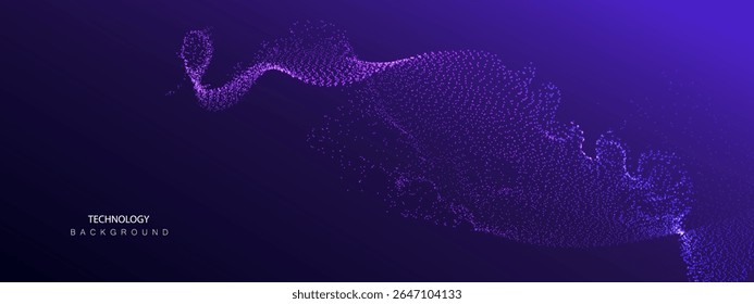 Technology Artificial Intelligence particles banner. Big ai data stream waves neon purple and blue background. Futuristic network connect vector blurred design.