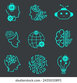 Tecnología de la Inteligencia Artificial Vector Line Icons Set. Reconocimiento facial, Android, robot humanoide, máquina pensante