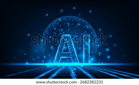 Technology artificial internet text AI letters in line hexagonal network blue background