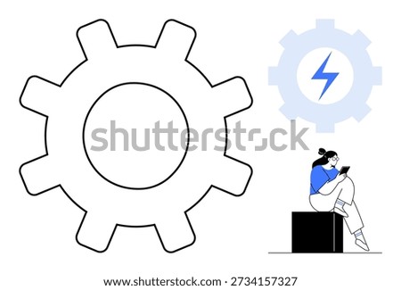 Technology, automation, innovation, mobile devices, power solutions, user interaction. Large gear symbol, lightning bolt icon and seated person with a tablet. Technology and automation concept