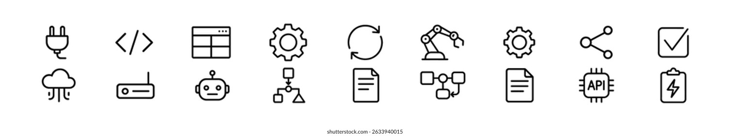 Conjunto de iconos de líneas de automatización y Tecnología: símbolos de innovación, IA y conectividad