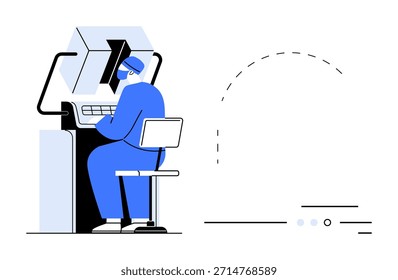 Tecnologia, automação, controle do operador, inovação, local de trabalho, interface digital. Uma pessoa sentada num painel de comando a trabalhar com máquinas avançadas. Tecnologia e conceito de controlo do operador