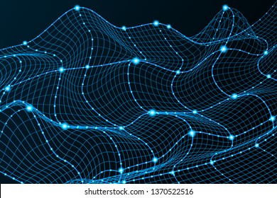 Technology background. Background 3d blue grid. Cyber technology high tech wire network futuristic wireframe. Artificial intelligence . Cyber security background. Vector illustration