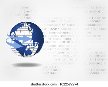 Technology Background. 3d sphere world map surrounding arrows on digits on background represents technology concept and telecommunications. Concept of global connection. Vector illustration. 
