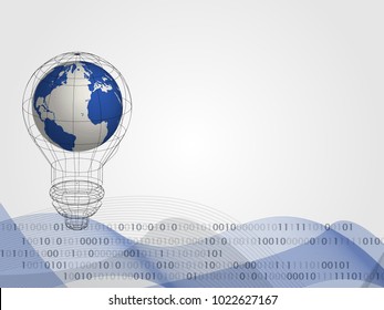 Technology background. 3d world map in bulb with digits and wave on background represents concept of idea and innovation. Concept of new idea for the future. Vector illustration.
