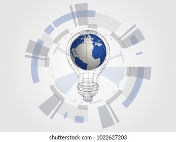 Technology background. 3d world map in bulb represents concept of idea and innovation. Concept of new idea for the future. Vector illustration.

