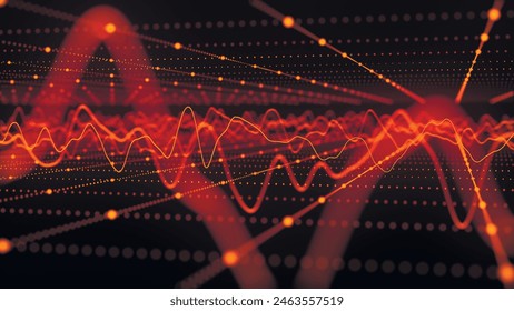 Technology background. Abstract circular wave of particles. Futuristic abstract waves, glowing mesh curves, dynamic flow. Visualization of sound waves. Diagram. 3D vector