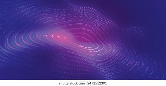 Technology background. Abstract circular wave of particles. Futuristic dotted wave. Visualization of sound waves. Plexus effect. 3d Futuristic vector illustration.