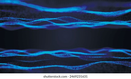 Technology background. Abstract digital particle wave. Futuristic abstract waves glowing grid curves dynamic flowing. Sound wave visualization. 3D vector.