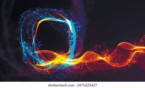 Technology background. Abstract digital particle wave. Futuristic abstract waves glowing grid curves dynamic flowing. Sound wave visualization. 3D vector