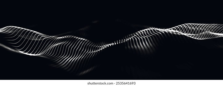 Technology background. Abstract digital particle wave. Futuristic abstract waves glowing grid curves dynamic flowing. Sound wave visualization. Widescreen. Vector illustration.