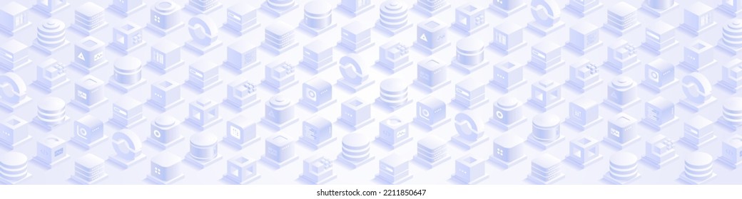 Technology background. Abstract futuristic cubes design and different geometric shapes. Digital innovation and artificial intelligence. Blockchain tech. Vector illustration in isometric view