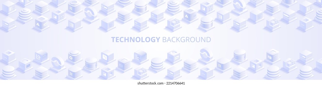 Technology background. Abstract futuristic cubes design and different geometric shapes. Digital innovation and artificial intelligence. Blockchain tech. Vector illustration in isometric view