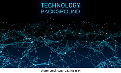 Technology background. Abstract gradient dynamic wave of lines and particles. Network of bright points and lines. Big data. Digital background. Vector