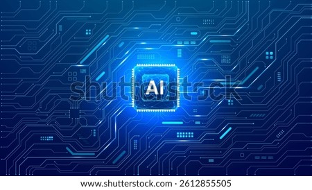 Technology background. Abstract tech blue backdrop. AI chip or semiconductor in the center of a circuit board. Digital bg. Data and information. Computers concept. Vector illustration. 