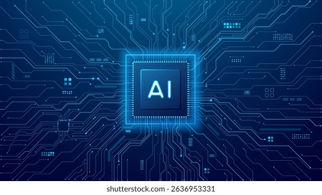 Technology background. AI chip on digital circuit board with light blue wires and motherboard components. Artificial Intelligence semiconductor with AI icon in the center of vector tech illustration.