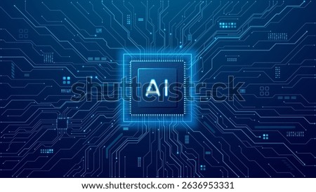 Technology background. AI chip on digital circuit board with light blue wires and motherboard components. Artificial Intelligence semiconductor with AI icon in the center of vector tech illustration.