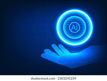 Technology background artificial intelligence on hand Represents human beings who control technology to help work quickly and can work for us. is the technology of the future