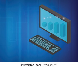 technology background with bar graph of the growth in laptop screen banner 