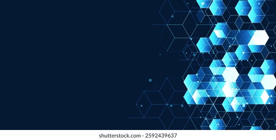 Technology background. Big data visualization concept. Information artificial neural network. Abstract geometric background with isometric. Digital cube isometric on blue background.