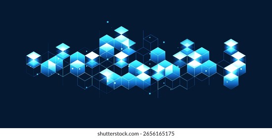 Technology background. Big data visualization concept. Information artificial neural network. Abstract geometric background with isometric. Digital cube isometric on blue background.