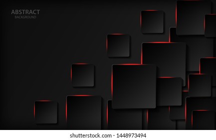 Technology background. Black abstract realistic 3d background with paper square shape. Geometric pattern texture with red light and overlap layer. Modern background.